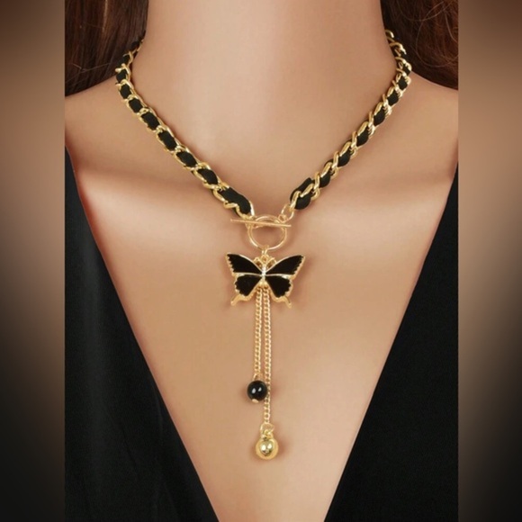 None Jewelry - Elegant Gold and Black Butterfly Charm Necklace